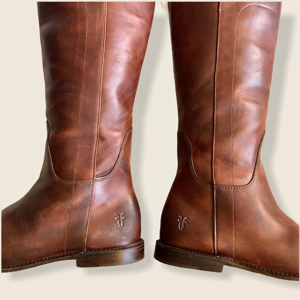 Frye Paige Cognac Knee-High Pull-On Leather Boots - Picture 13 of 16